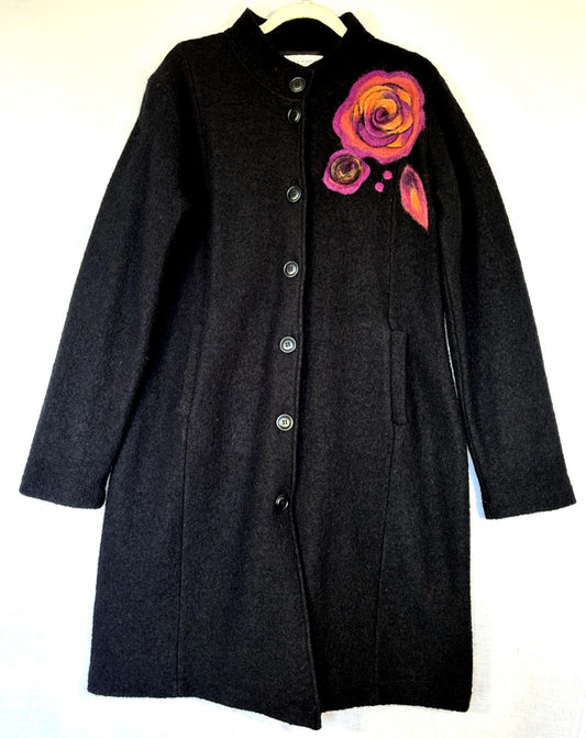 EDINA RONAY Coat 12/14 Black Mid Length 100% Wool Flower Appliqué Button Through