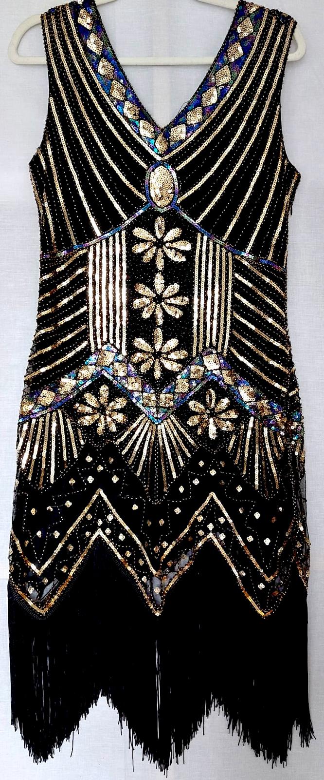 Dress 12/14 Black with Sequins V-Neck Fully Lined Tasselled Hem BNWOT