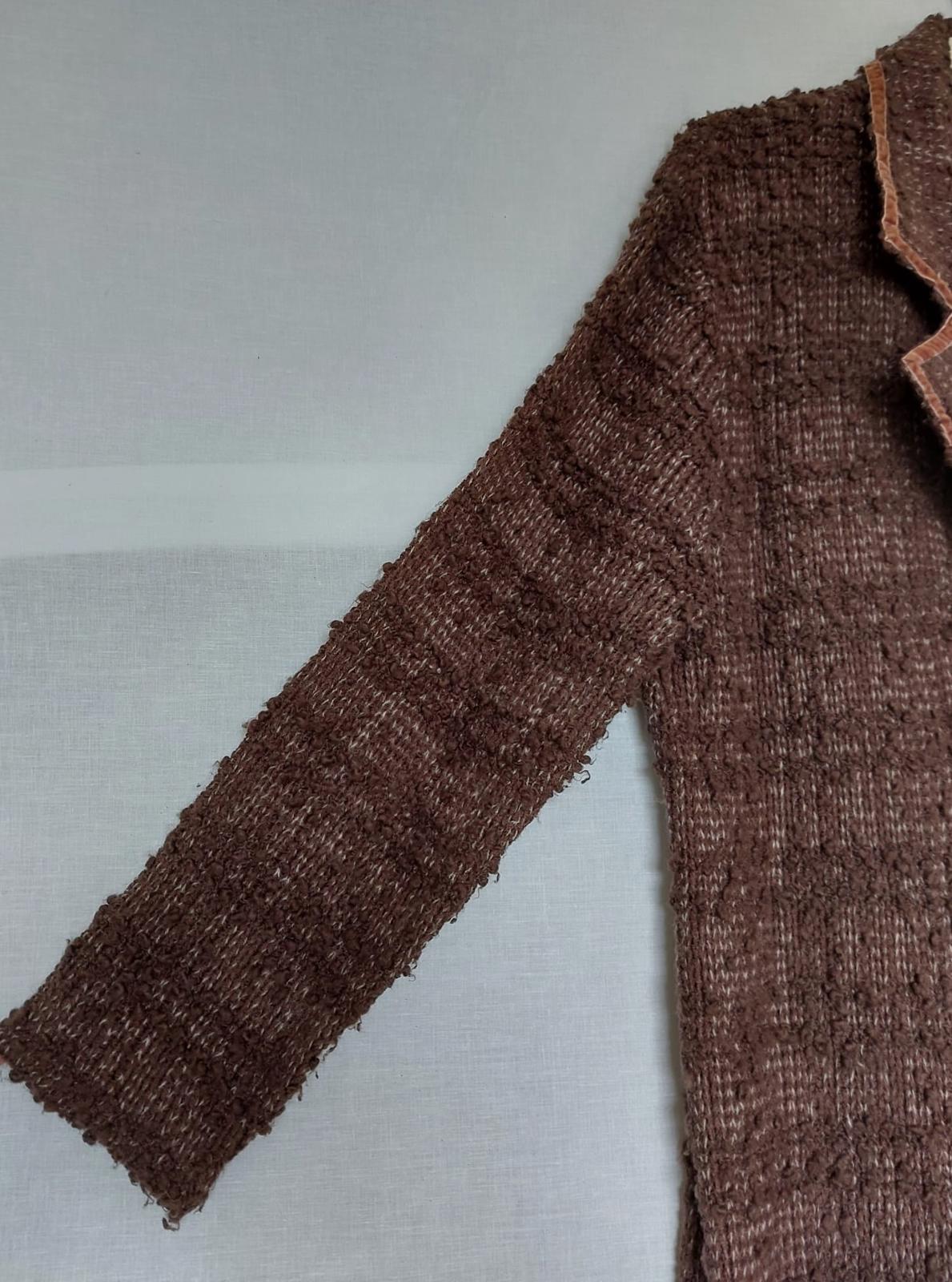 MONSOON Coatigan 20 Brown Wool Blend Velvet Trim Knitted Button Long Sleeves