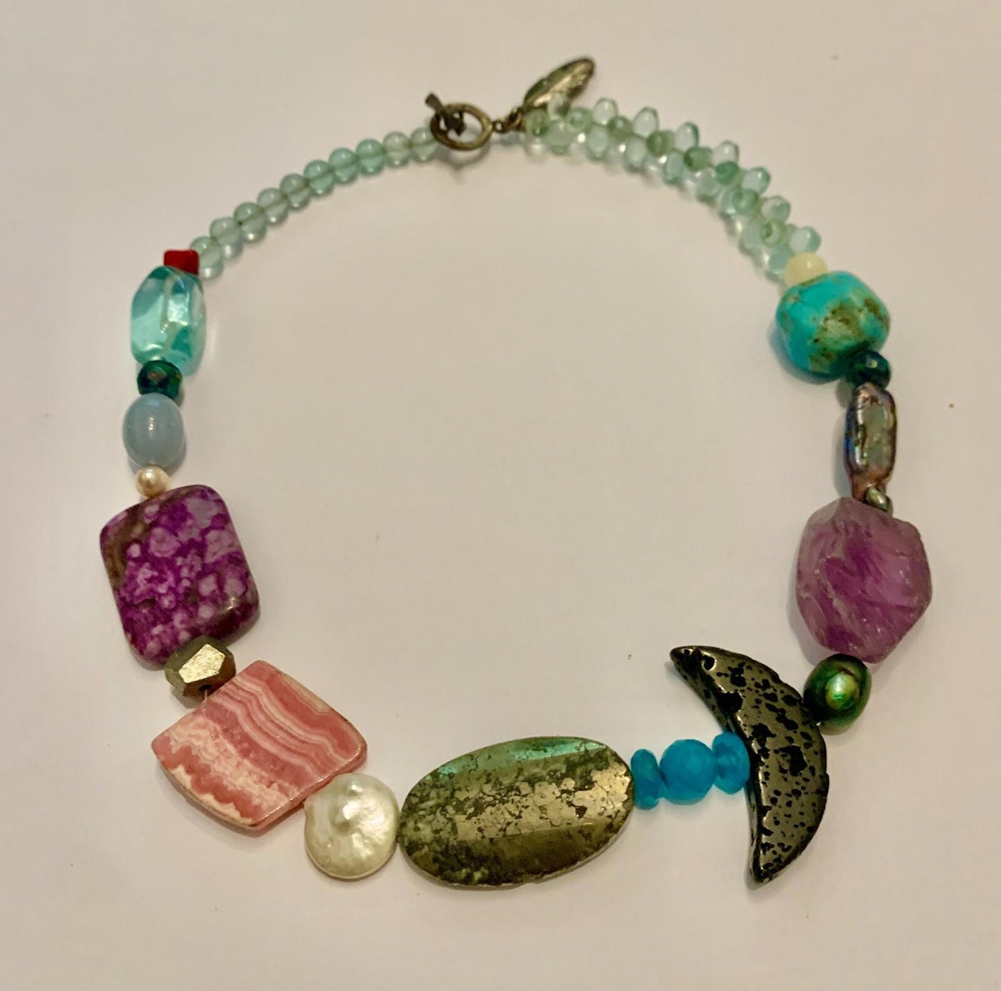 Necklace Rhodochrosite, Lava, Pyrite, Fluorite, Pearl, Turquoise, Charoite