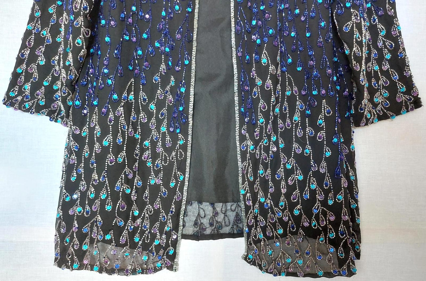 Evening Jacket 22 Black Blue Sequins Beads Lined Long Sleeves Midi Length