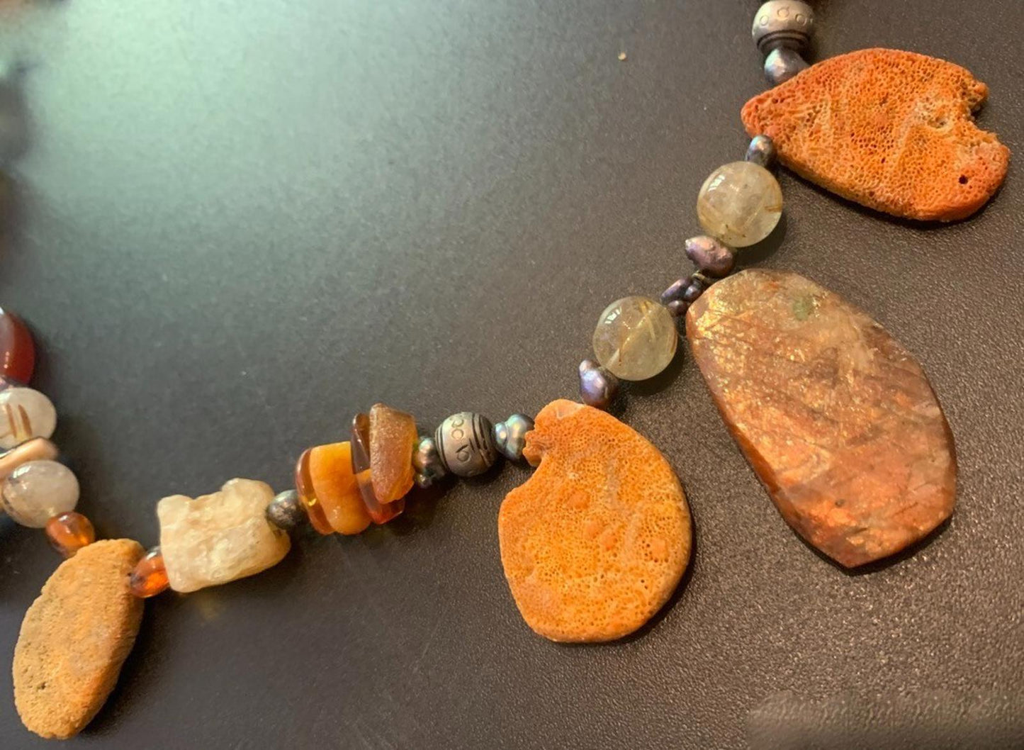 Necklace Sunstone Raw Coral Amber Carnelian Pearl Citrine 22 ins