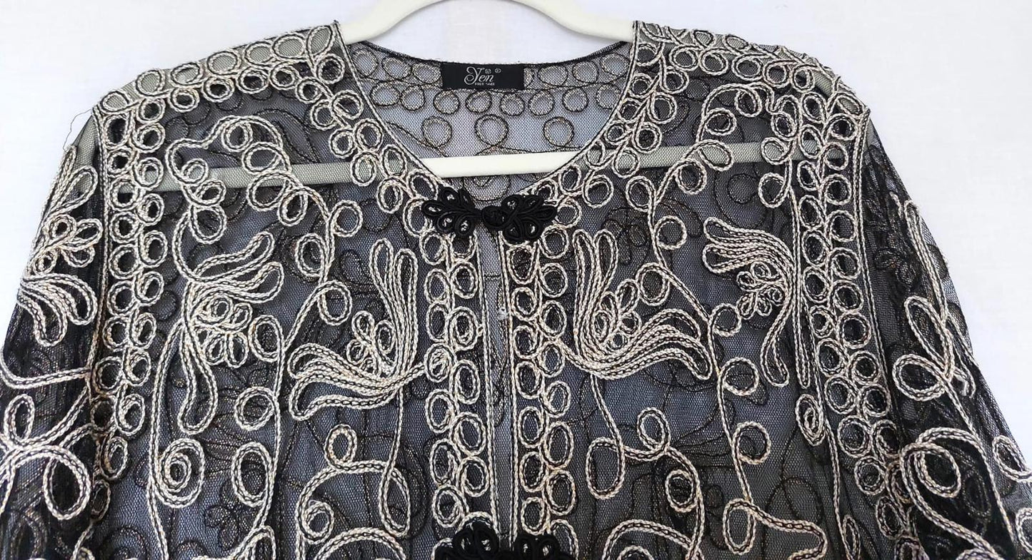 YEN Evening Jacket OS Black & Gold Appliqué Frog Fastenings Side Slits