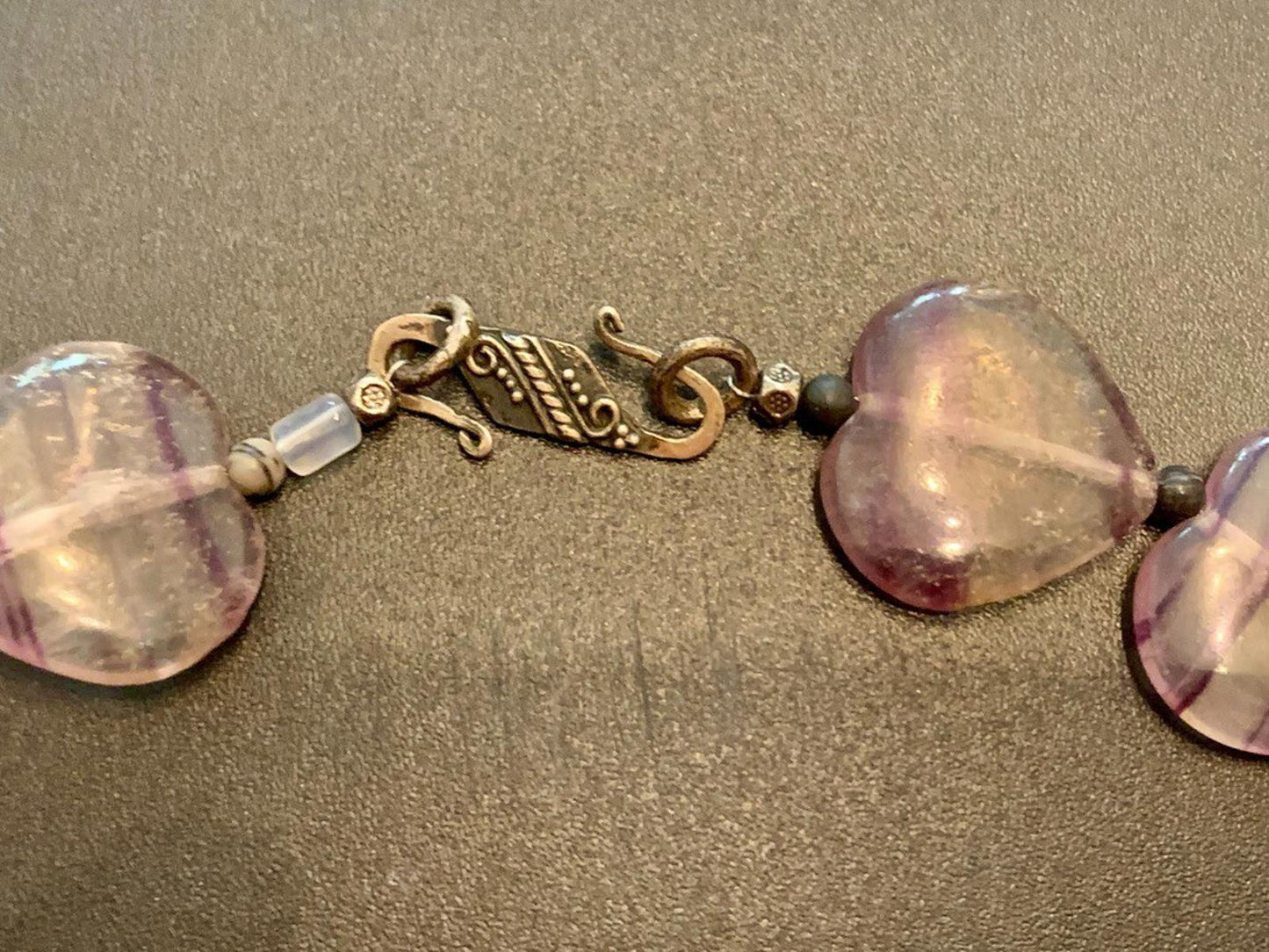 Necklace Fluorite Large Rainbow Heart & Pearl Boho 22 ins