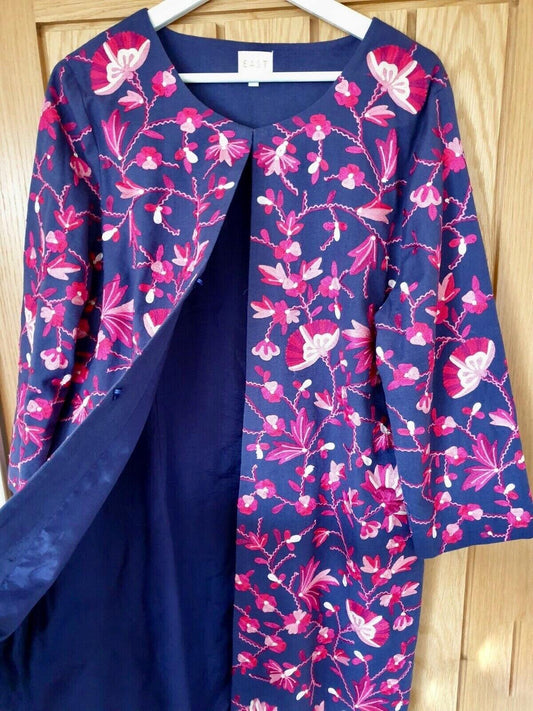 EAST Coat S/M Blue & Pink  Embroidered Cotton & Linen Midi Length Round Neck
