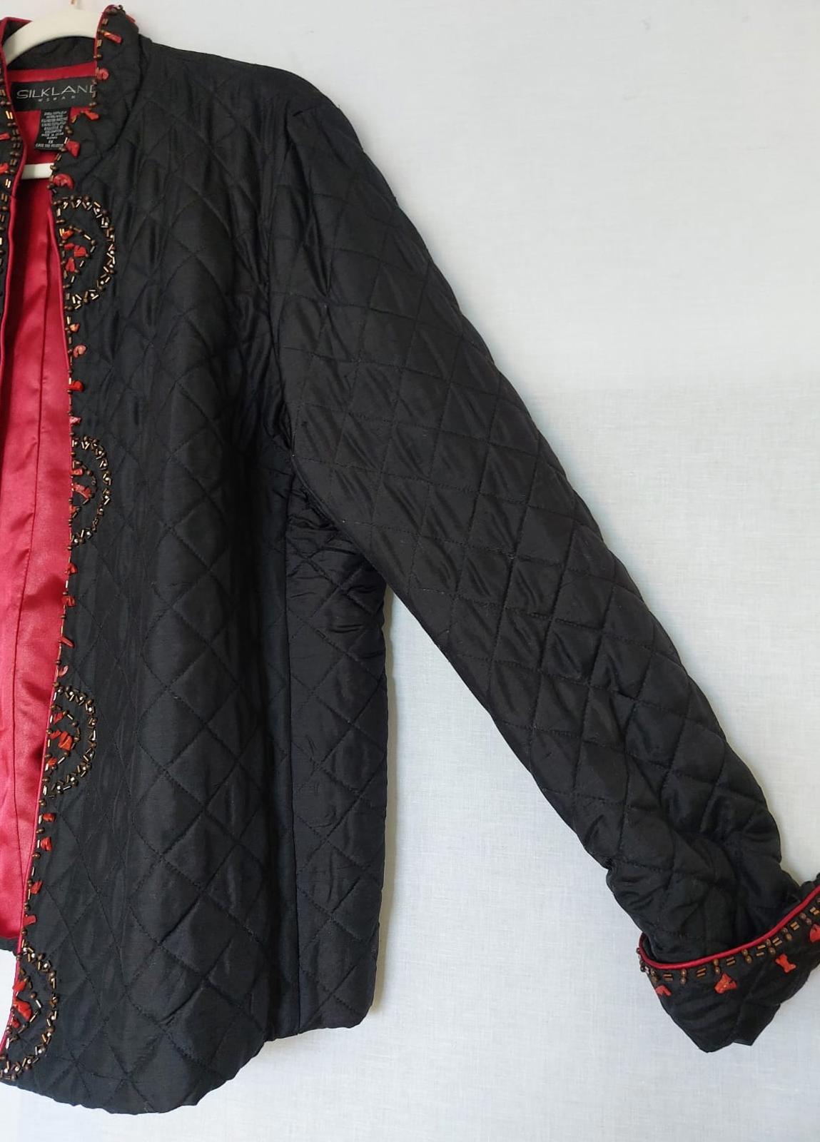 SILKLAND Jacket XL Black 100% Silk Beads Stones Lined Long Sleeves