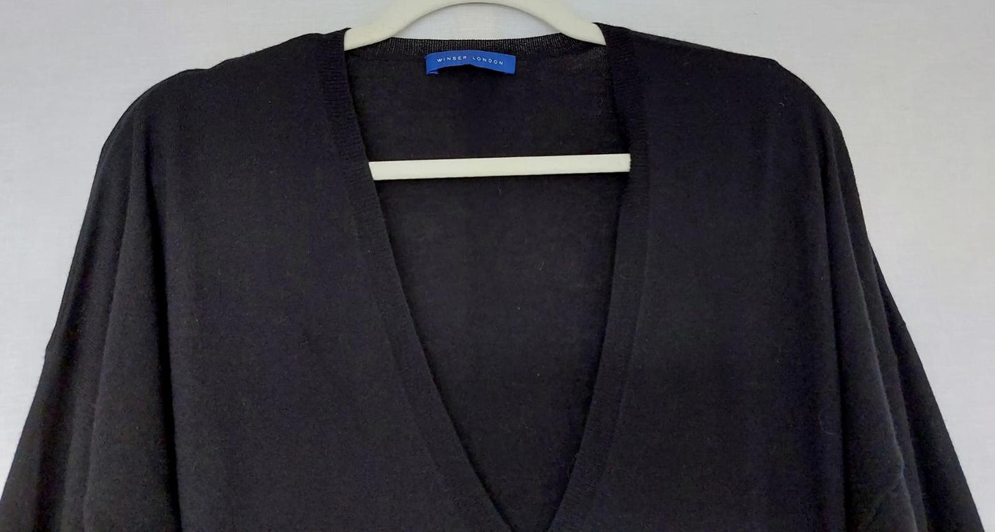 WINSER LONDON Jumper Large Black Merino Wool Blend V-Neck Side Slits