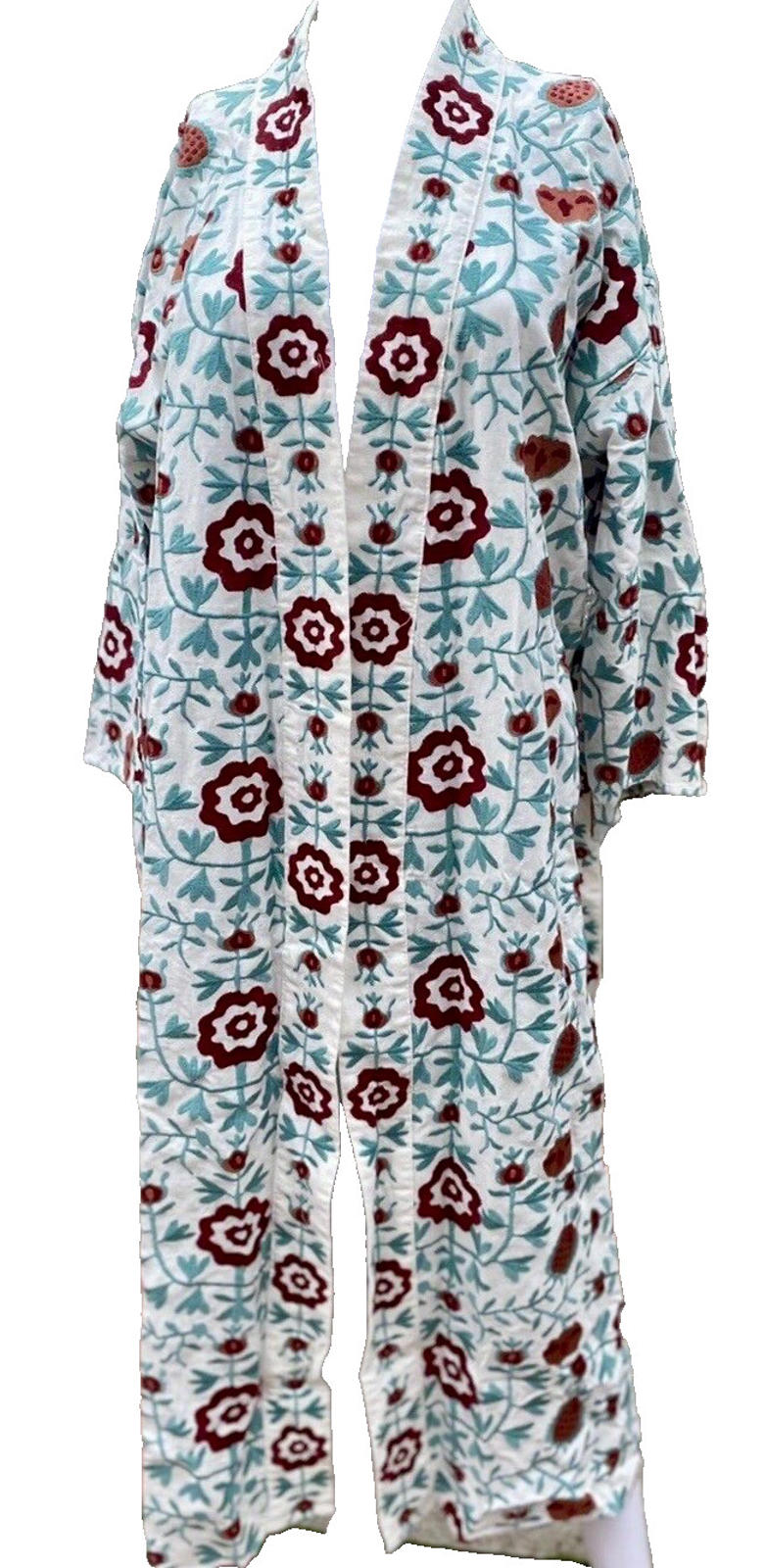 ZARA Coat Kimono Large Boho Embroidered Linen Floral Oversized Belted