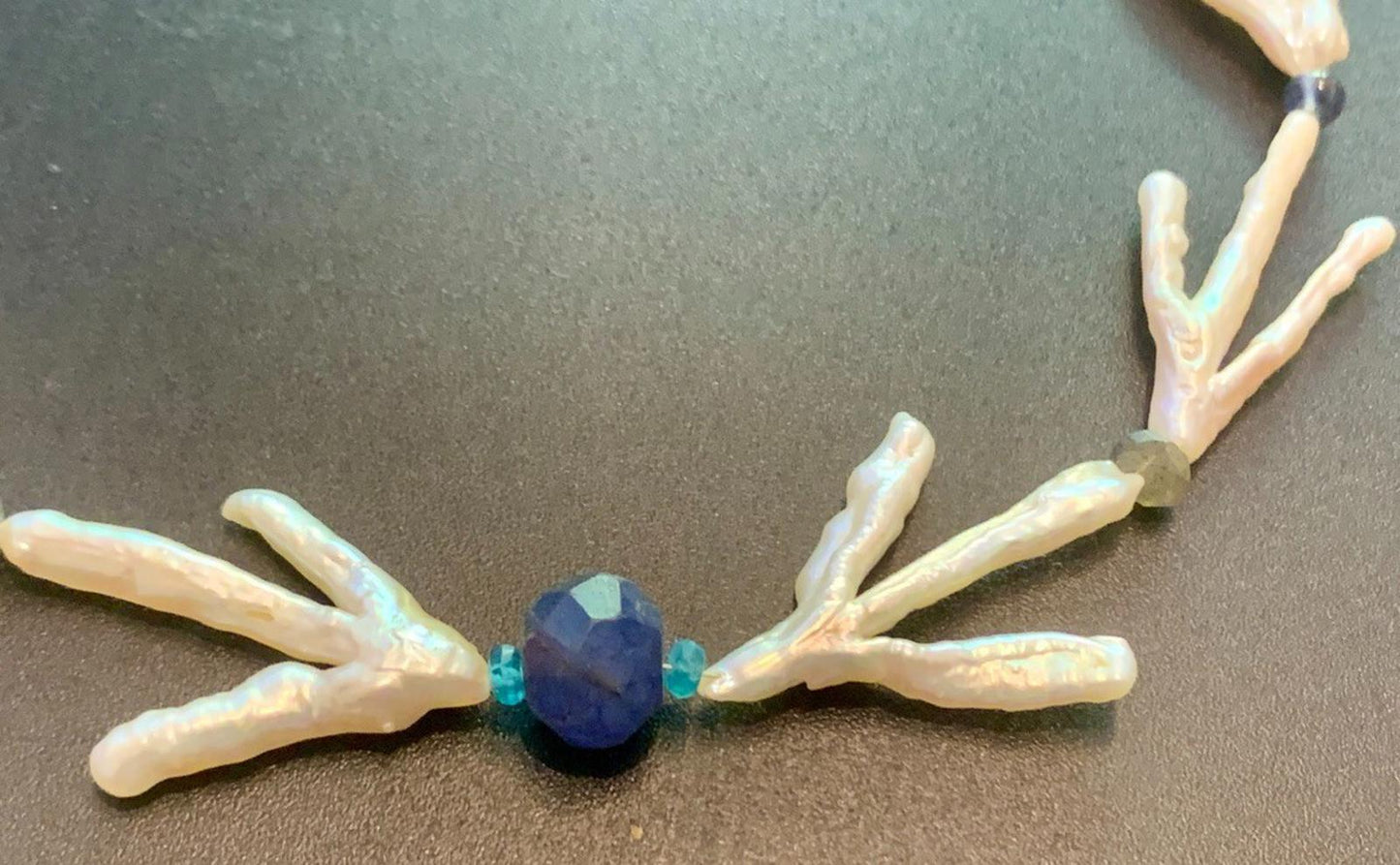 Necklace Pearl & Sapphire Beads Large Baroque Silver Bee Toggle Clasp  17 ins