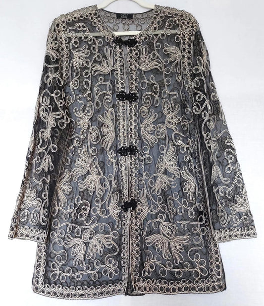 YEN Evening Jacket OS Black & Gold Appliqué Frog Fastenings Side Slits