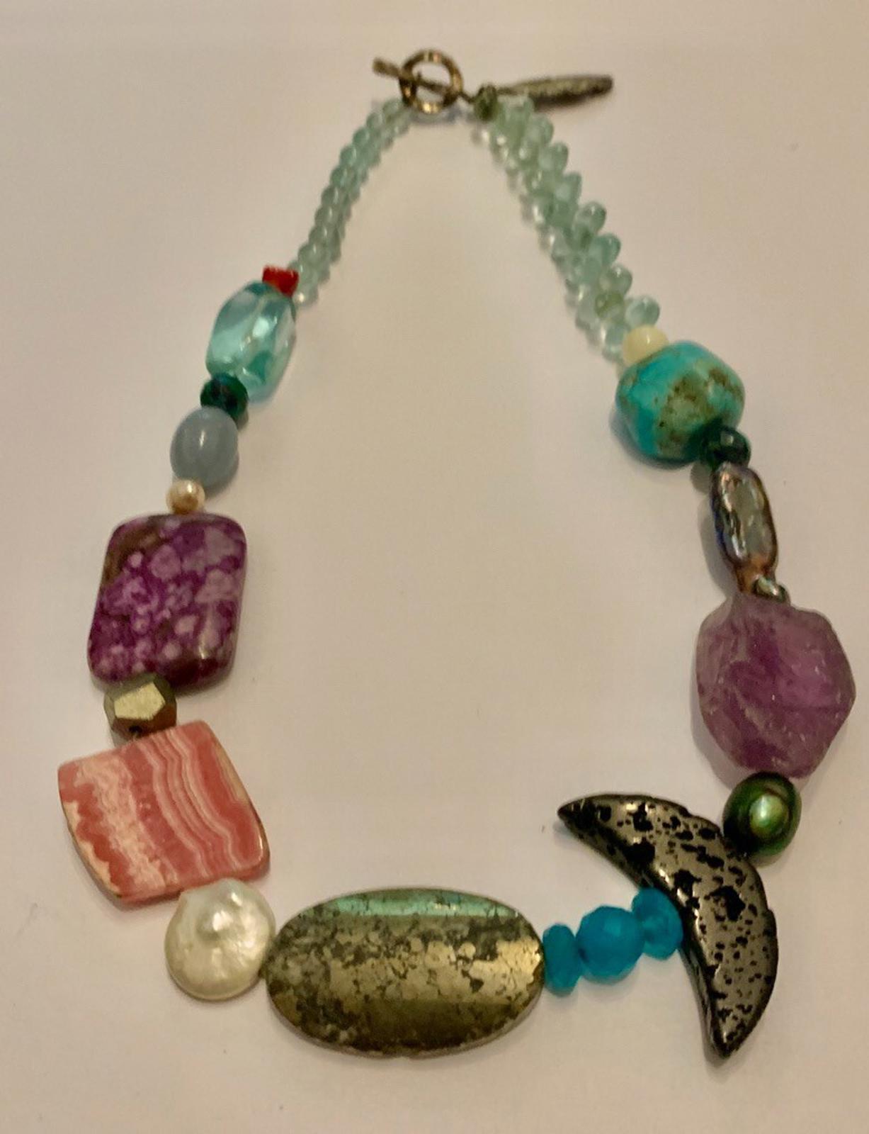 Necklace Rhodochrosite, Lava, Pyrite, Fluorite, Pearl, Turquoise, Charoite