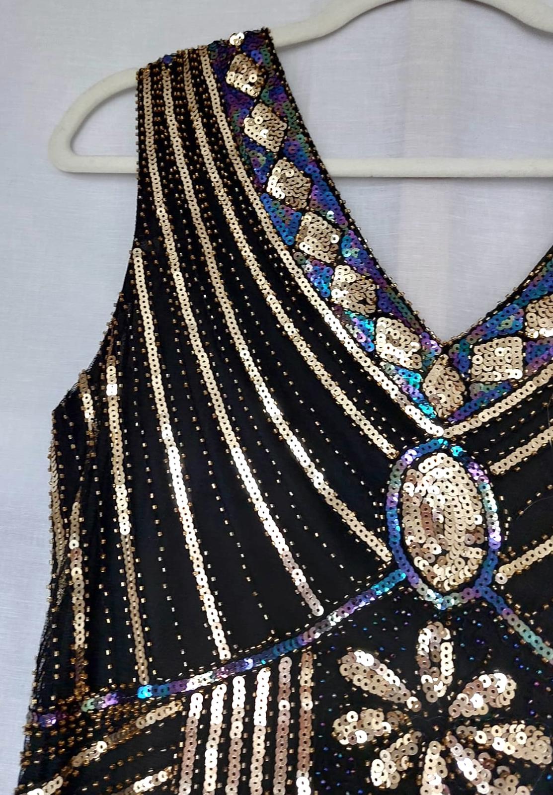 Dress 12/14 Black with Sequins V-Neck Fully Lined Tasselled Hem BNWOT