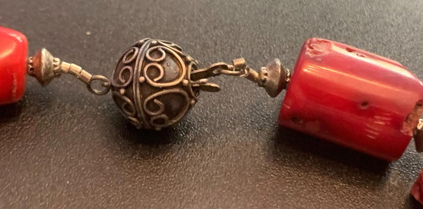 Necklace Boho Chunky Large Bamboo Coral Nuggets Bali Silver 20 ins