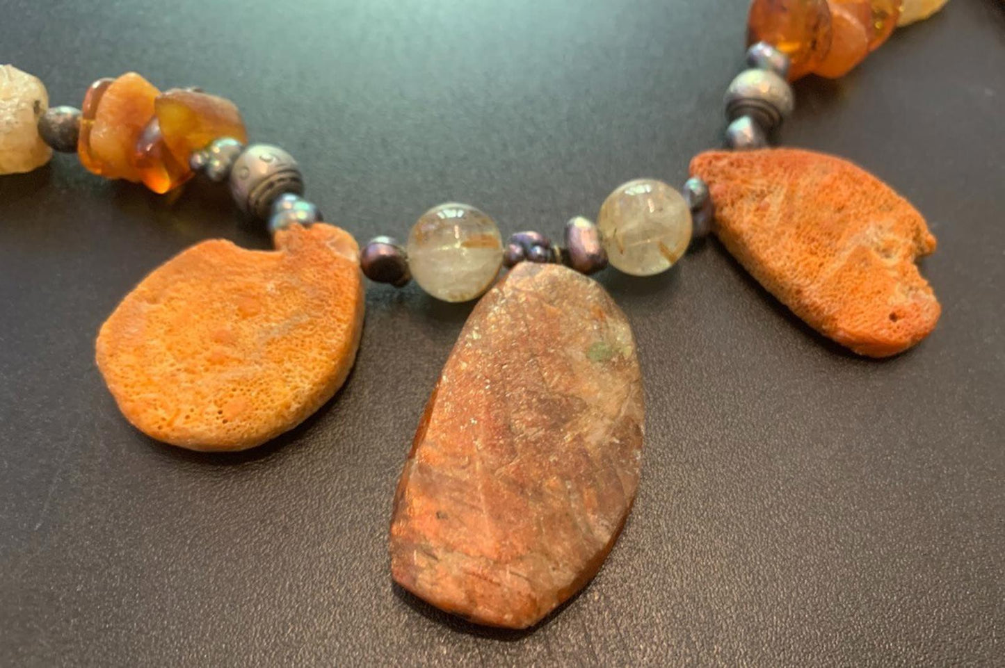 Necklace Sunstone Raw Coral Amber Carnelian Pearl Citrine 22 ins