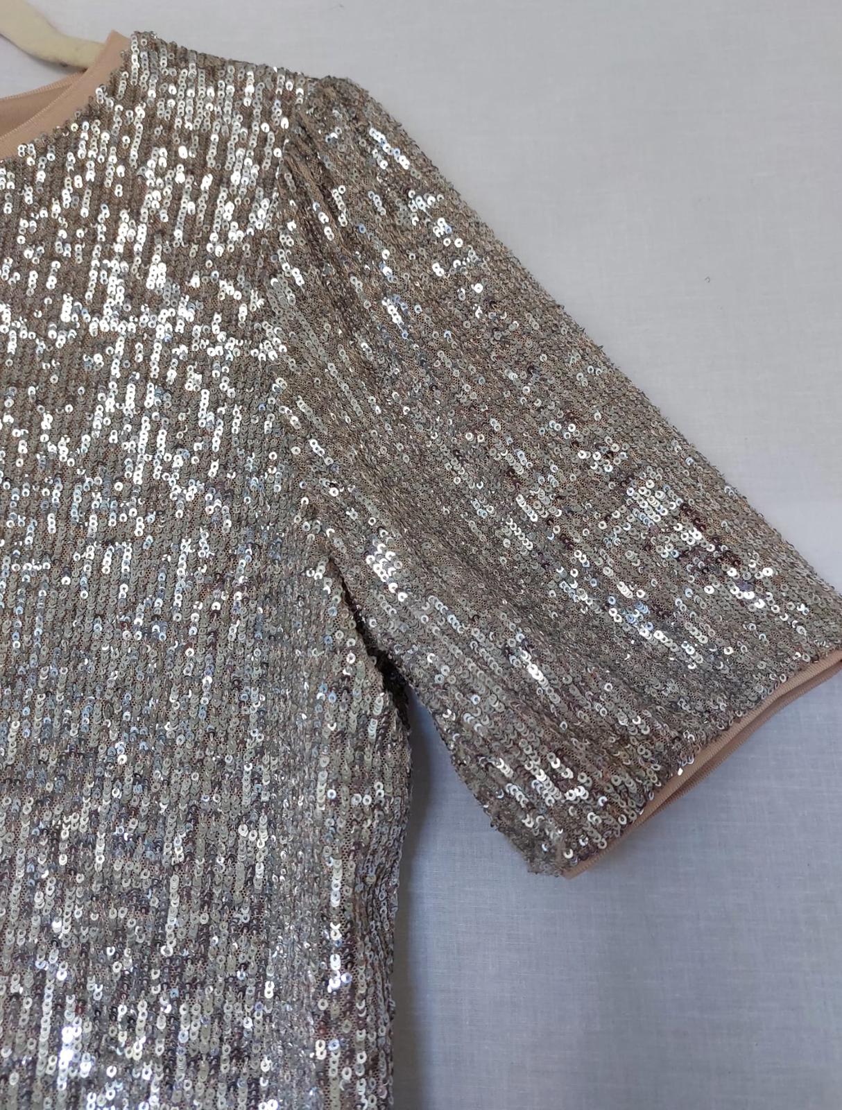 Evening Top 14 Silver Sequins Lined Short Sleeves Beautiful