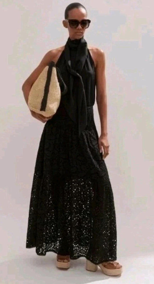 ME+EM Skirt 14 Black Broderie Anglaise Cotton 1/2 Lined Midaxi Length BNWOT