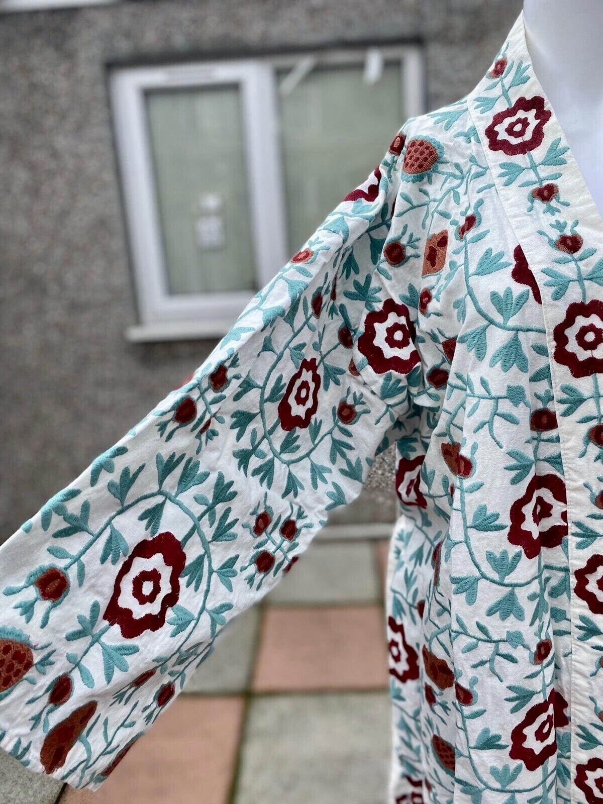 ZARA Coat Kimono Large Boho Embroidered Linen Floral Oversized Belted