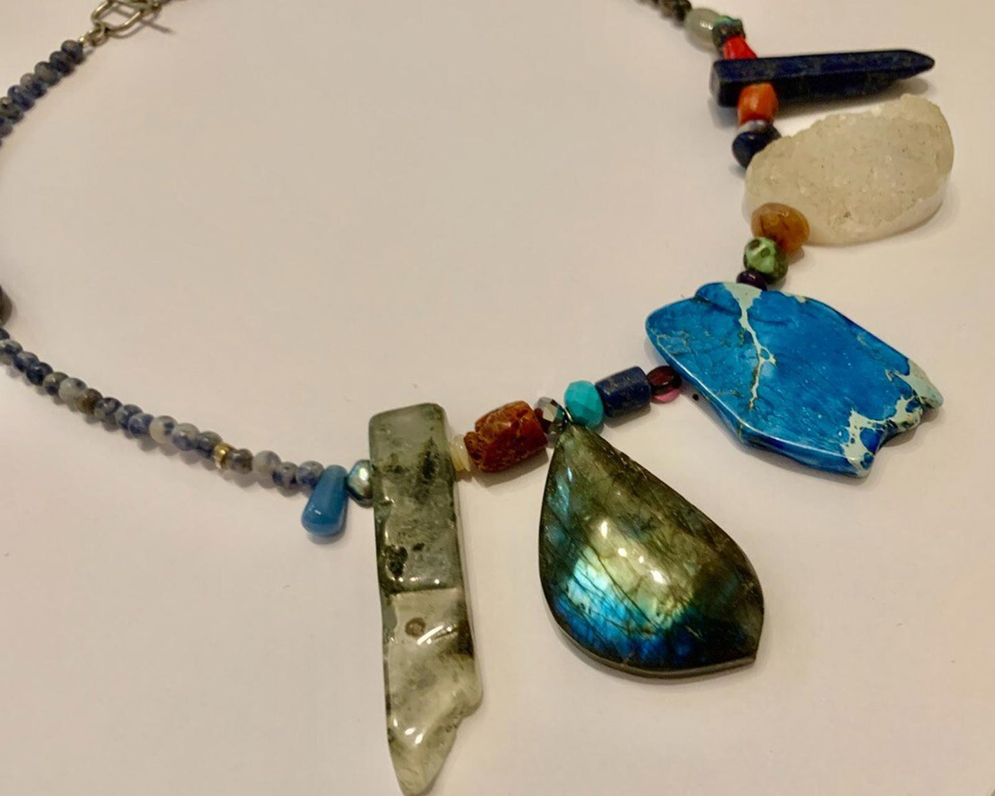 Necklace Lapis, Labradorite, Druzy Quartz, Coral,  Prehnite, Silver