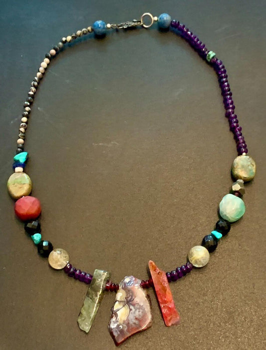 Necklace Mexican Crazy Lace Agate, Prehnite, Ruby, Pearl, Turquoise, Bali