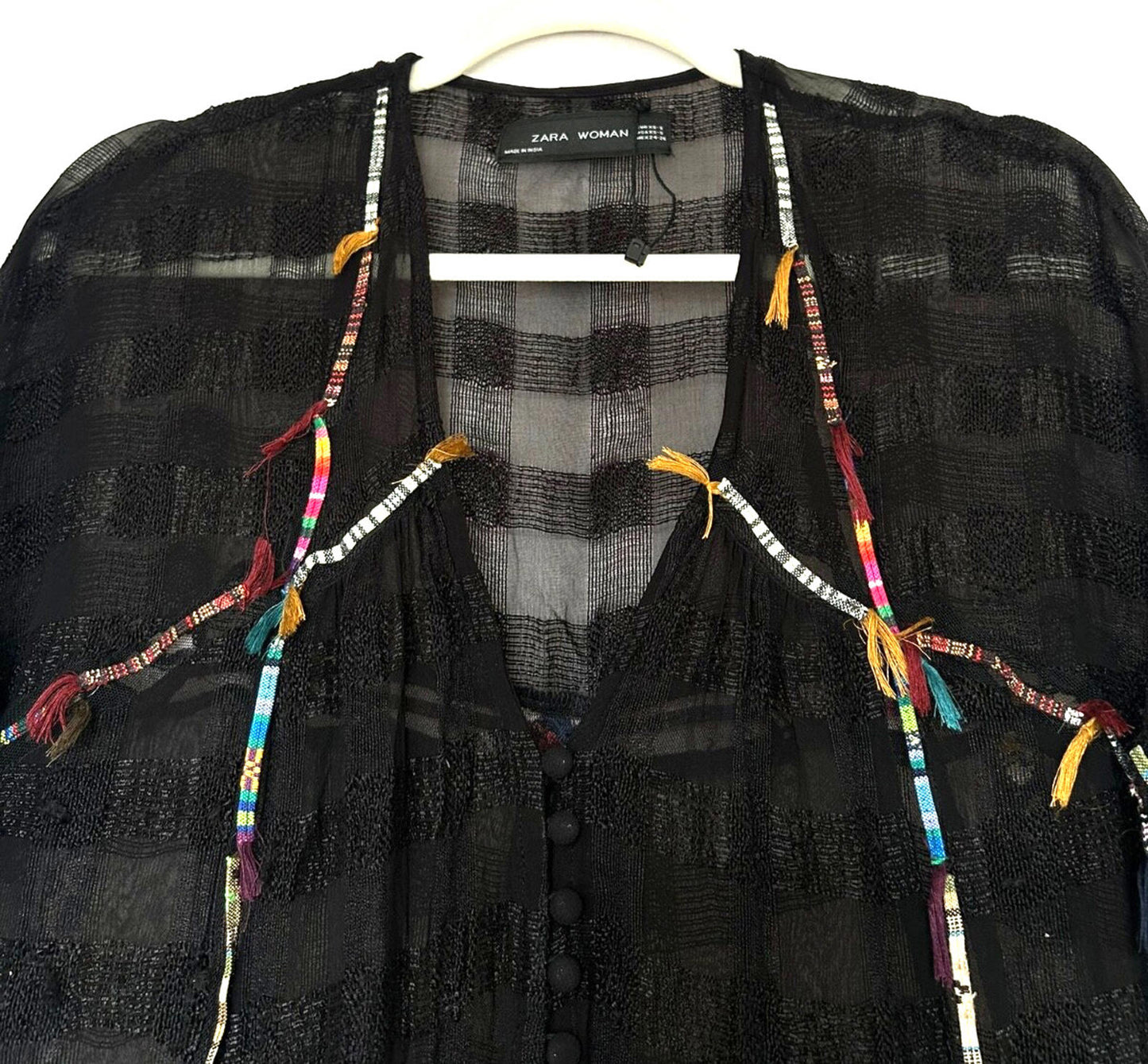 ZARA Jacket Coat Small Black Sheer Colourful Tassels Midi Length Long Sleeves