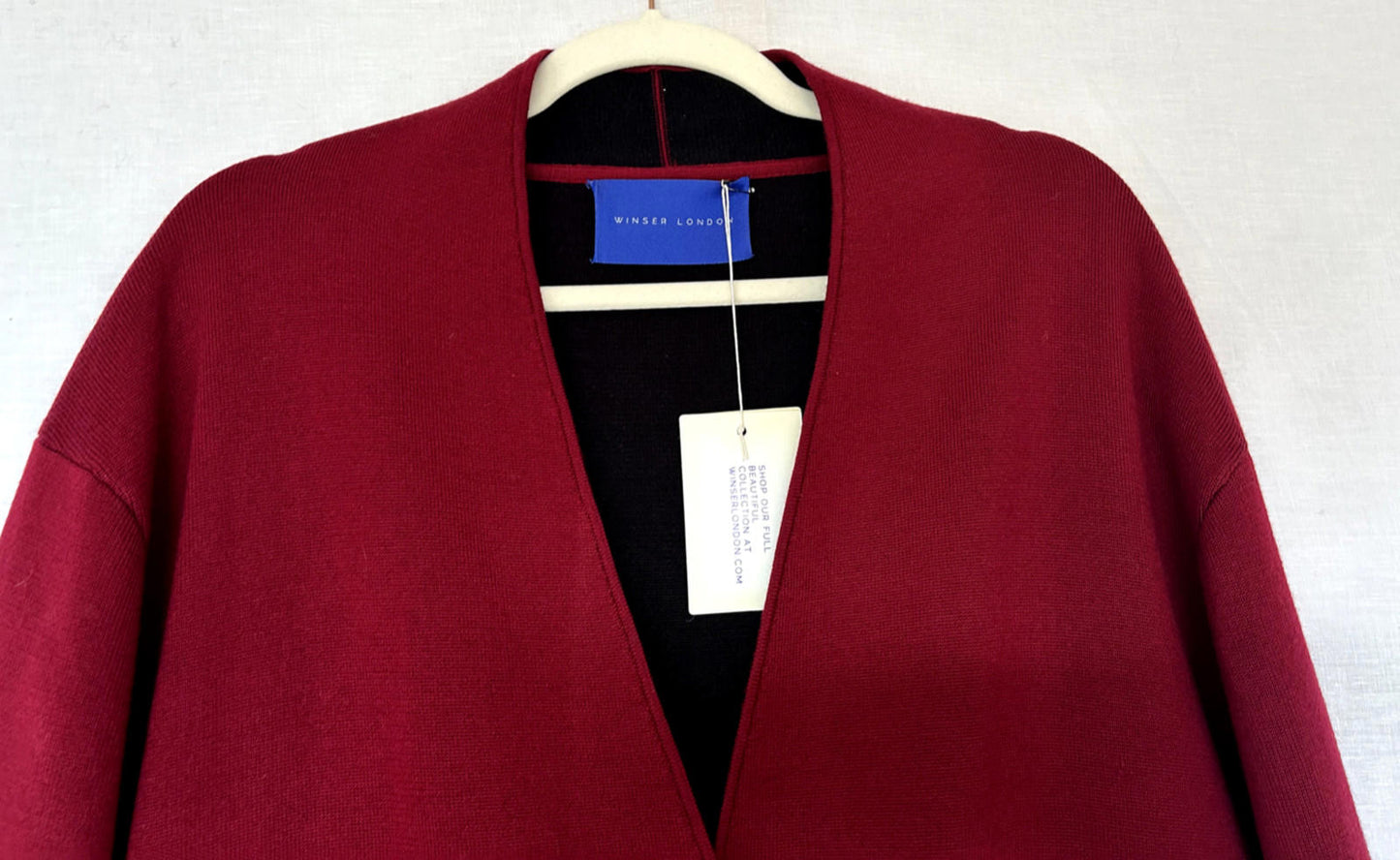 WINSER LONDON Coatigan Large Burgundy & Black Wool Blend Pockets Knitted BNWT