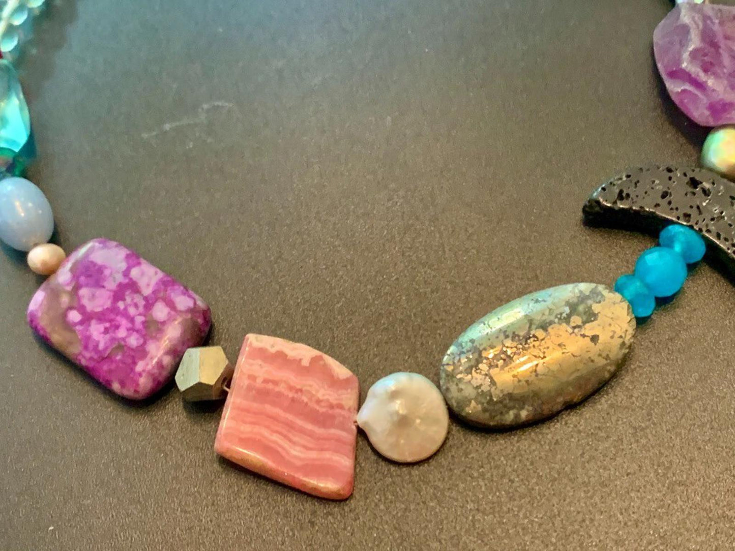 Necklace Rhodochrosite, Lava, Pyrite, Fluorite, Pearl, Turquoise, Charoite