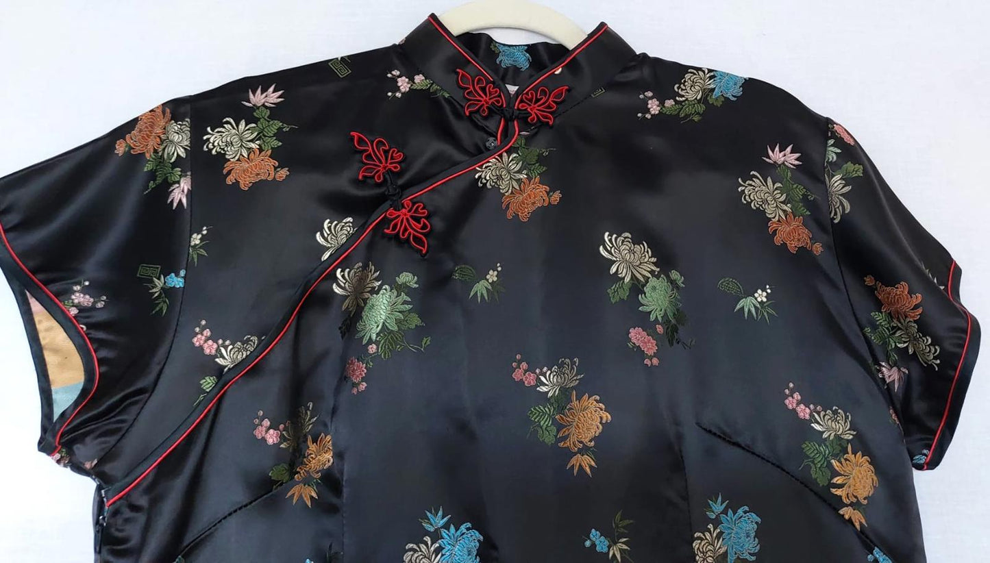 Silk Dress 14 Black Vintage Floral Frog Fastening Contrast Piping Side Slits