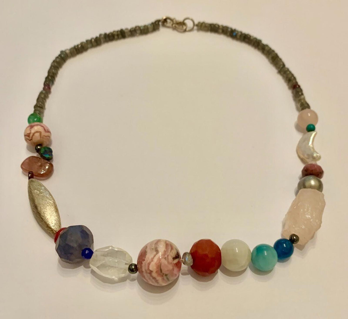 Necklace Sapphire Ruby Moonstone Rhodochrosite Quartz Silver Clasp