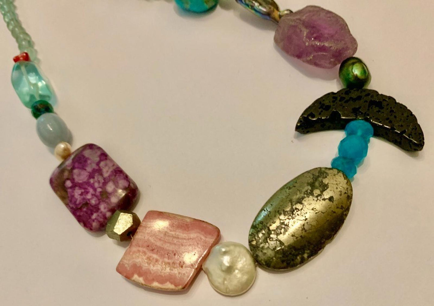 Necklace Rhodochrosite, Lava, Pyrite, Fluorite, Pearl, Turquoise, Charoite