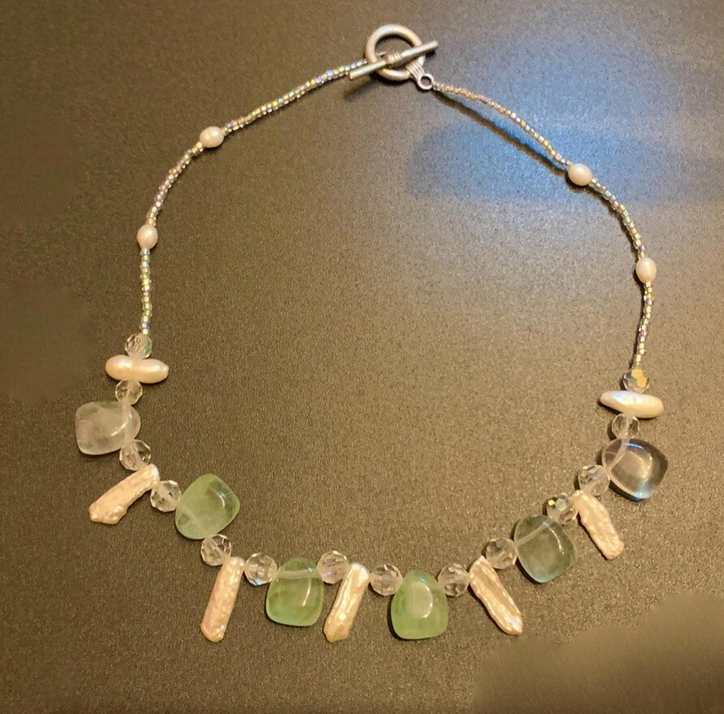 Necklace Green Fluorite Nuggets Pearl Crystal Silver Toggle 16 ins