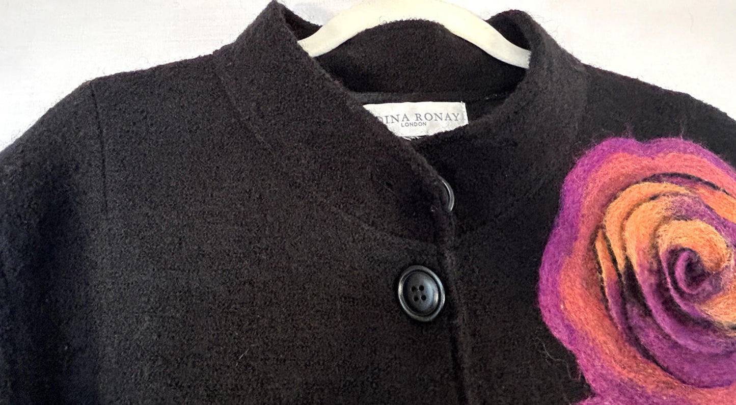 EDINA RONAY Coat 12/14 Black Mid Length 100% Wool Flower Appliqué Button Through