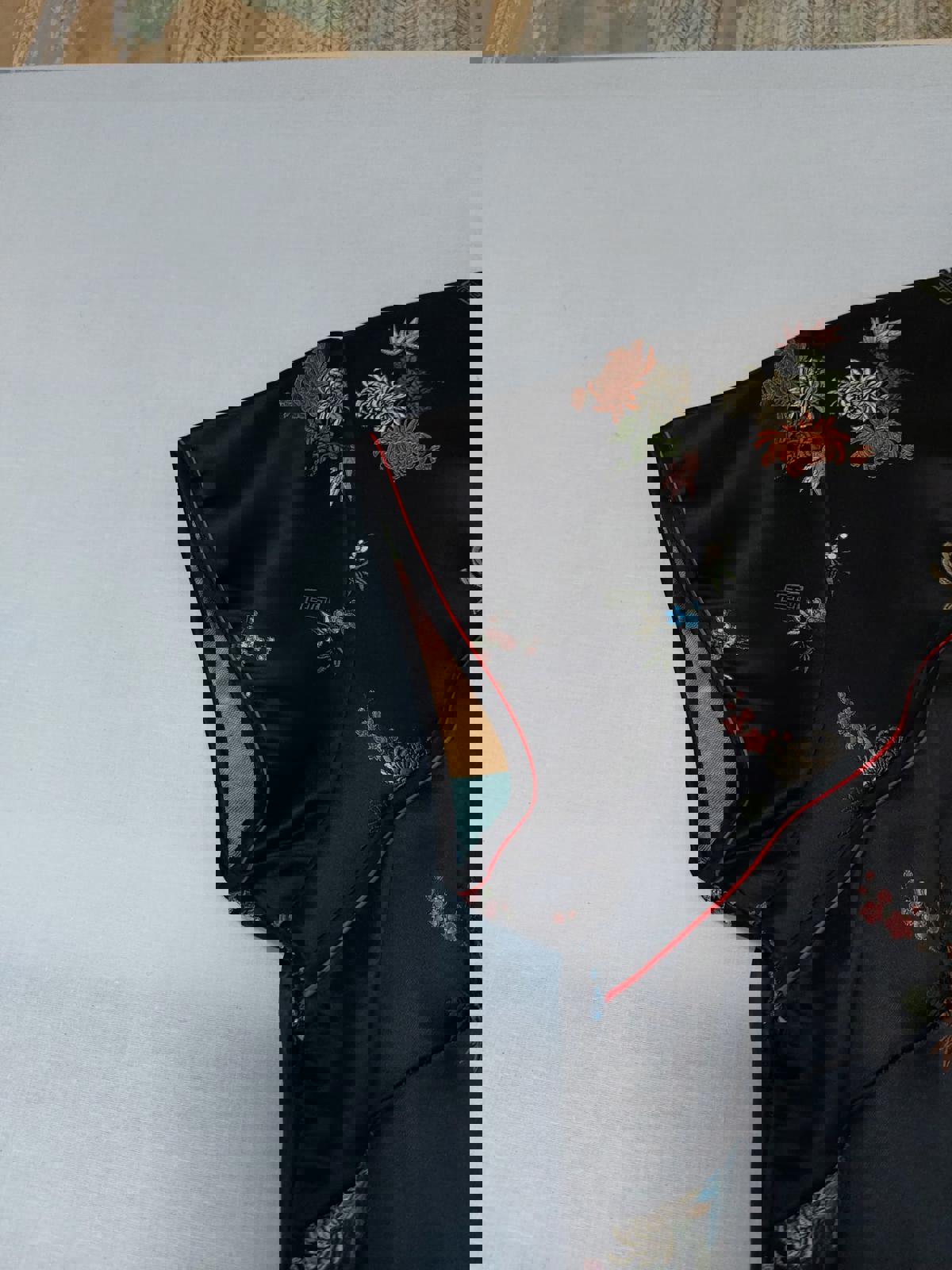 Silk Dress 14 Black Vintage Floral Frog Fastening Contrast Piping Side Slits