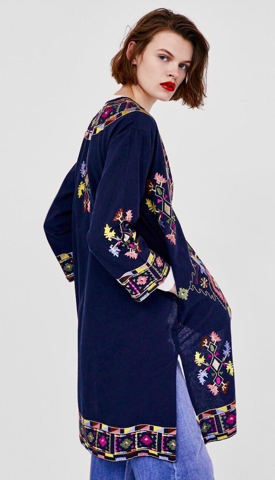 ZARA Coat XS Blue Cotton Embroidered Boho Ethnic Kimono Jacket Long Sleeves