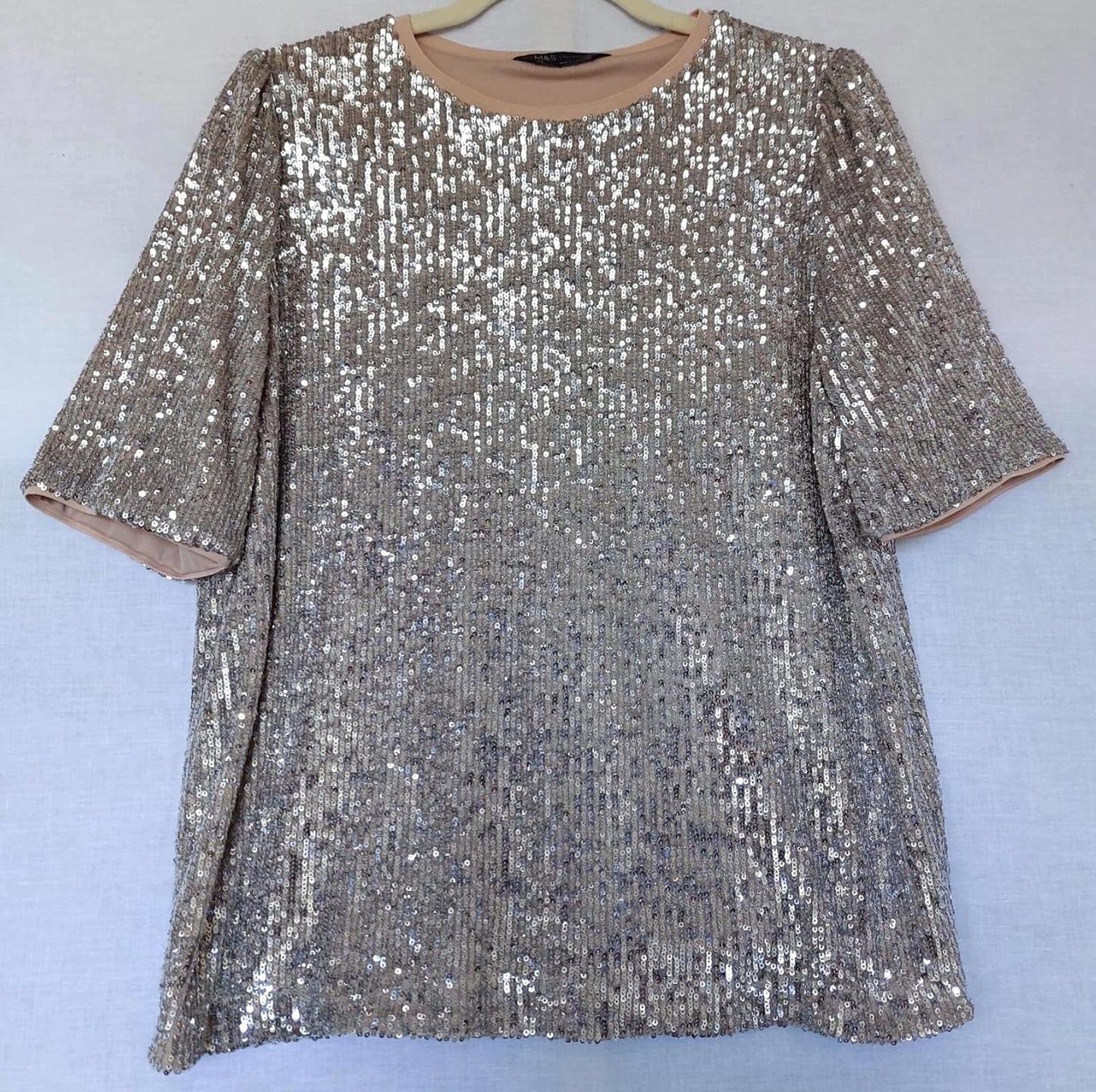 Evening Top 14 Silver Sequins Lined Short Sleeves Beautiful
