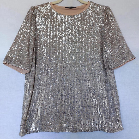 Evening Top 14 Silver Sequins Lined Short Sleeves Beautiful