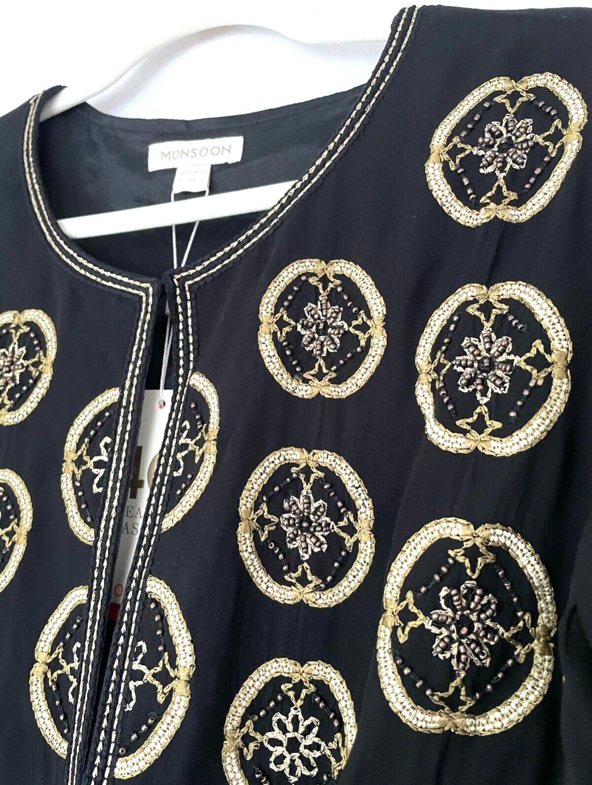 MONSOON Evening Jacket 16 Black & Gold Embroidery Beads Round Neckline BNWT