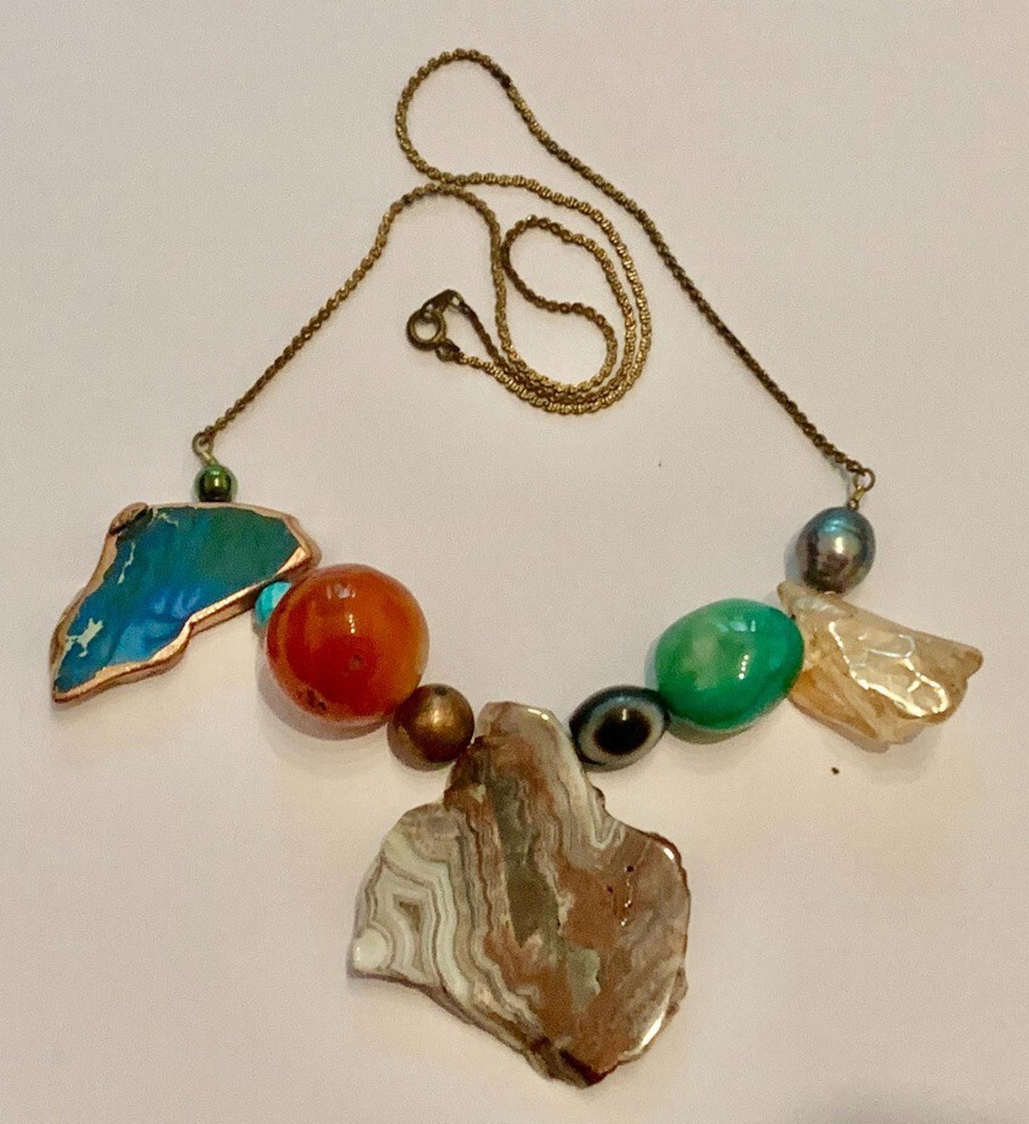 Necklace Mexican Lace Agate Carnelian Citrine Pearl Agate Copper 22 ins