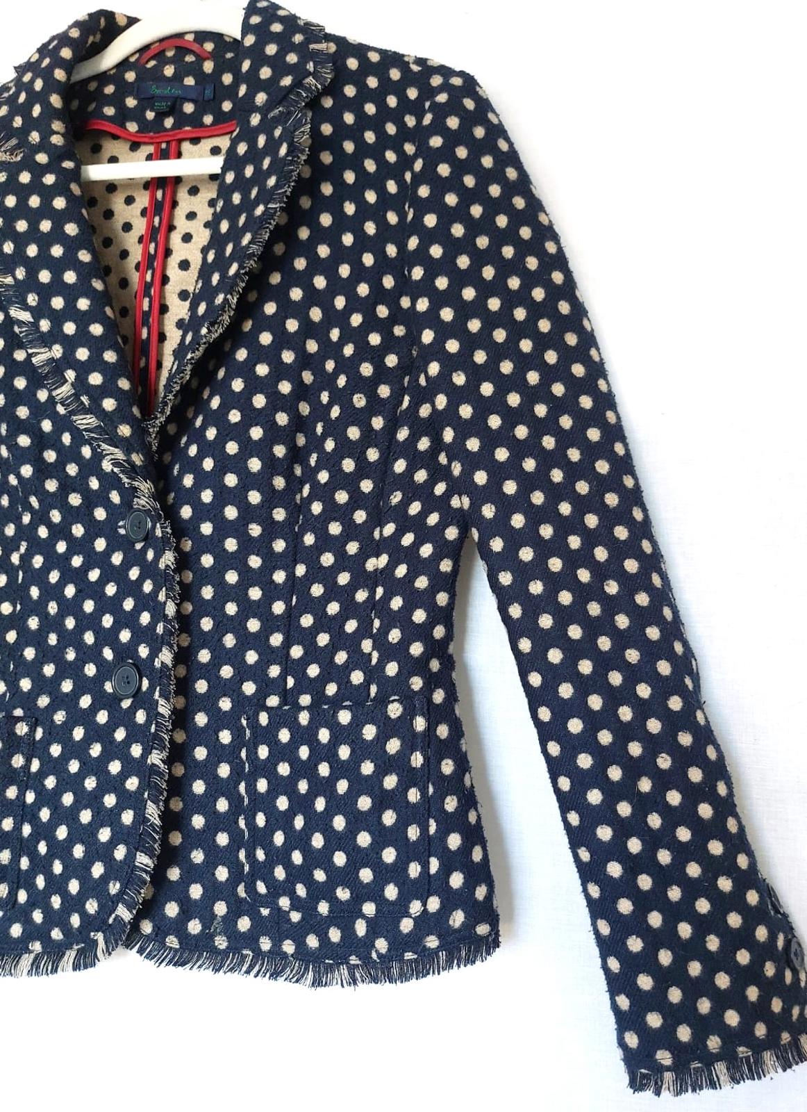 BODEN Jacket 12 Navy Spot Wool Blend Pockets Fringe Trim