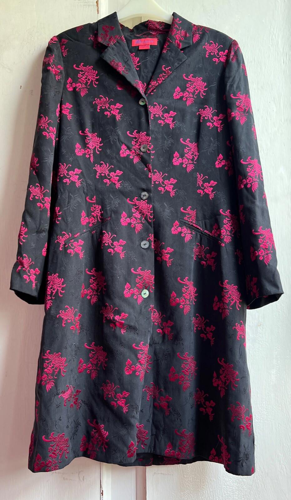 EAST Coat 12 Black Fuchsia Silk Blend Floral Textured Oriental Lined Long Sleeves