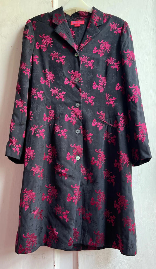 EAST Coat 12 Black Fuchsia Silk Blend Floral Textured Oriental Lined Long Sleeves