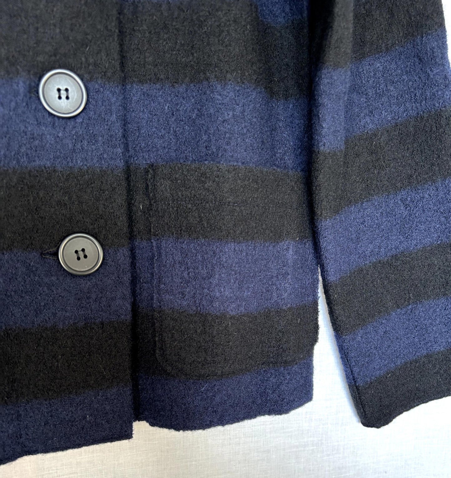 EAST Jacket M Blue & Black Striped Boiled Wool Pea Coat Buttons