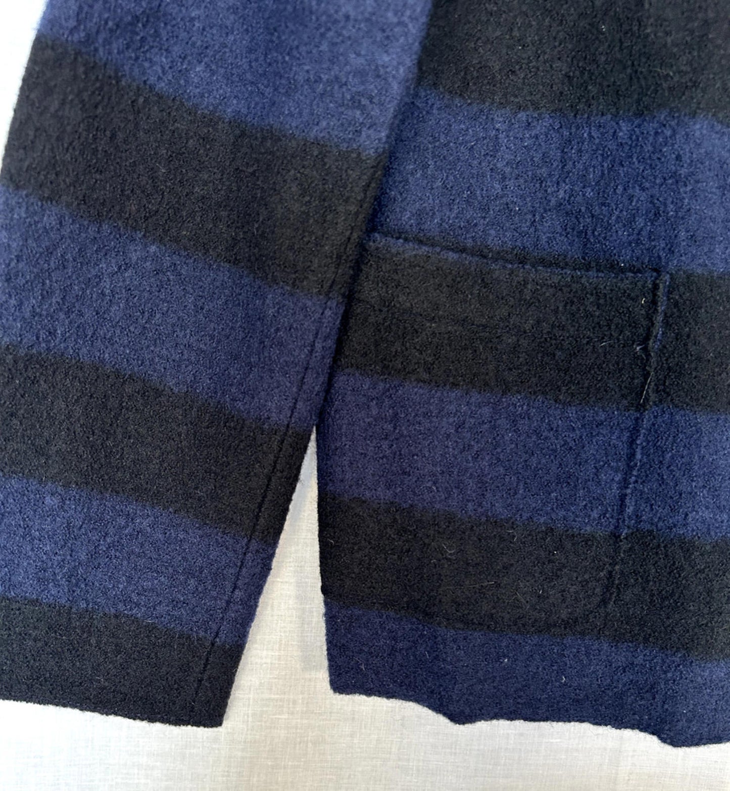 EAST Jacket M Blue & Black Striped Boiled Wool Pea Coat Buttons