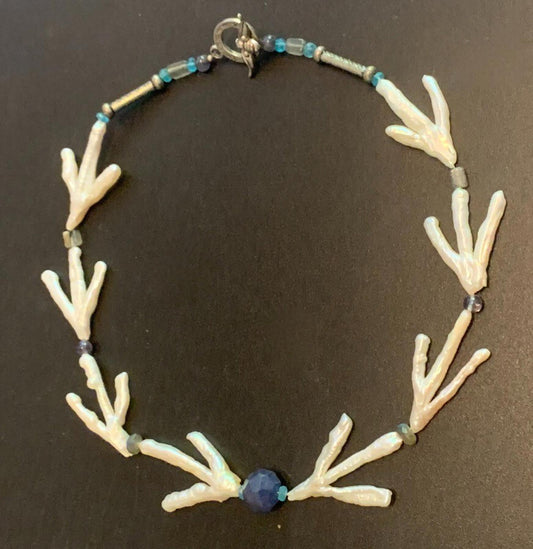 Necklace Pearl & Sapphire Beads Large Baroque Silver Bee Toggle Clasp  17 ins