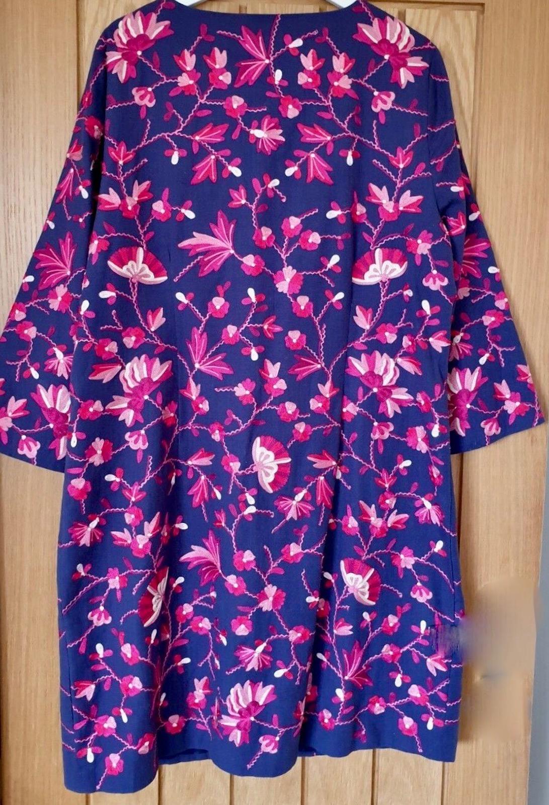 EAST Coat S/M Blue & Pink  Embroidered Cotton & Linen Midi Length Round Neck