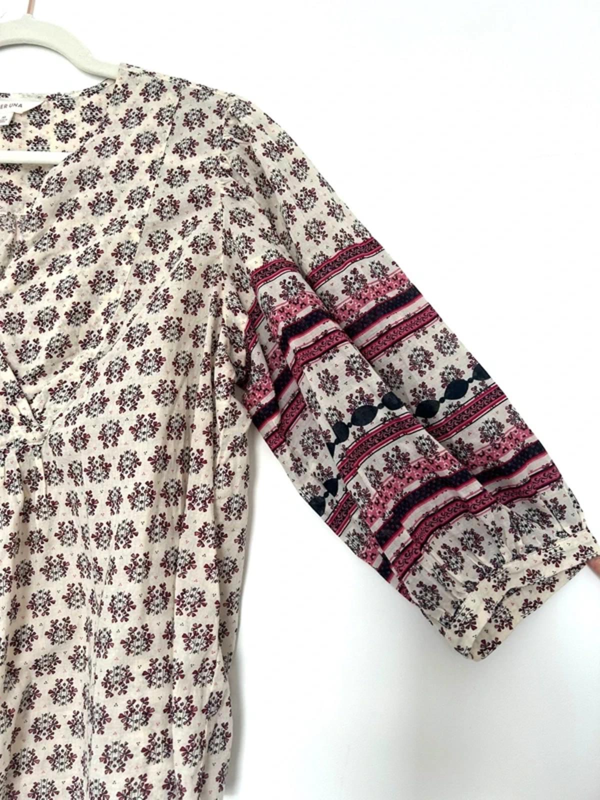 Per Una Tunic Top Medium Cotton Block Printed Faux Wrap Contrast Sleeves
