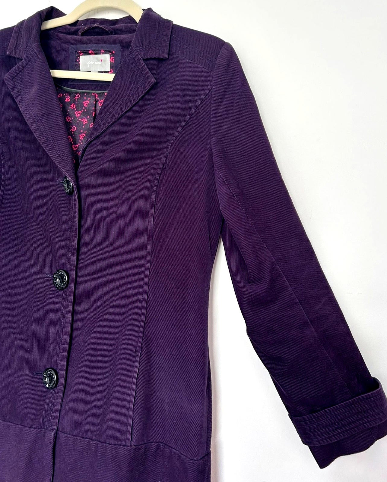 PER UNA Coat 12 Deep Purple Cotton Needle Cord Layered Hemline Lined Pockets