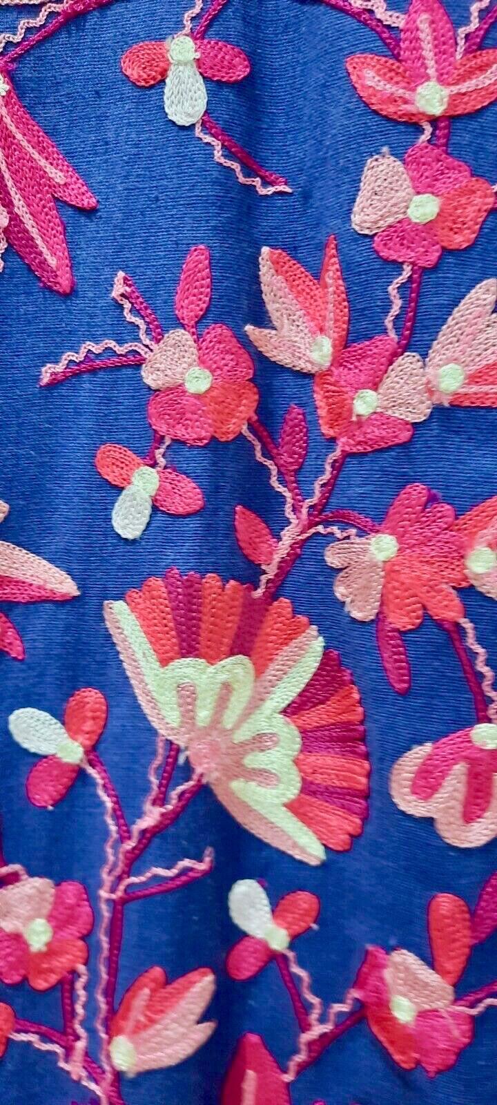 EAST Coat S/M Blue & Pink  Embroidered Cotton & Linen Midi Length Round Neck