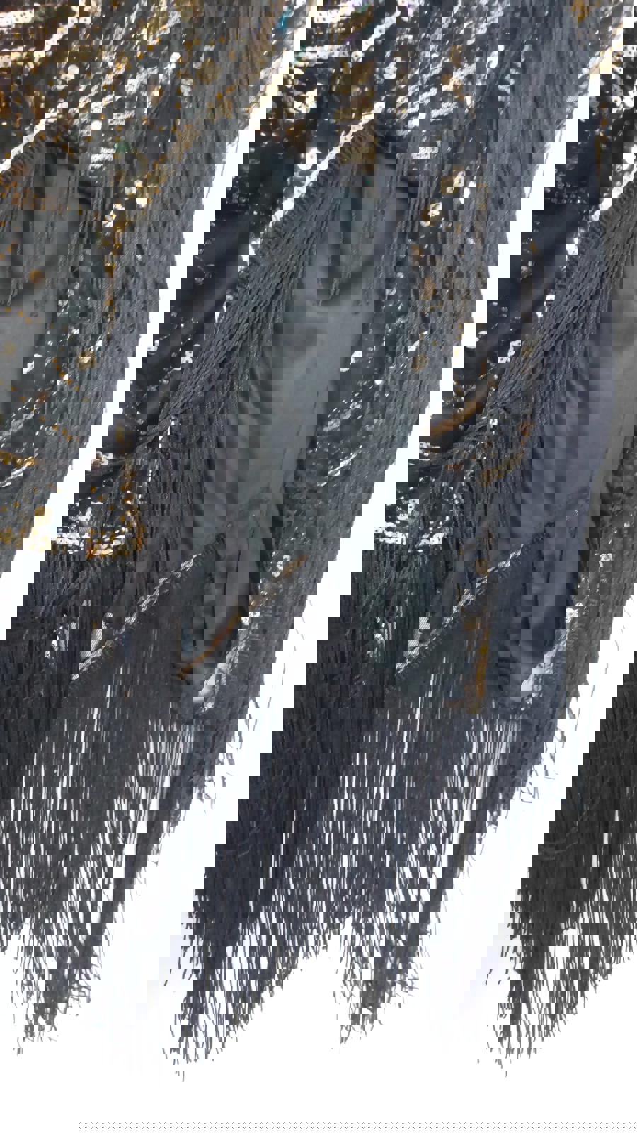 Dress 12/14 Black with Sequins V-Neck Fully Lined Tasselled Hem BNWOT