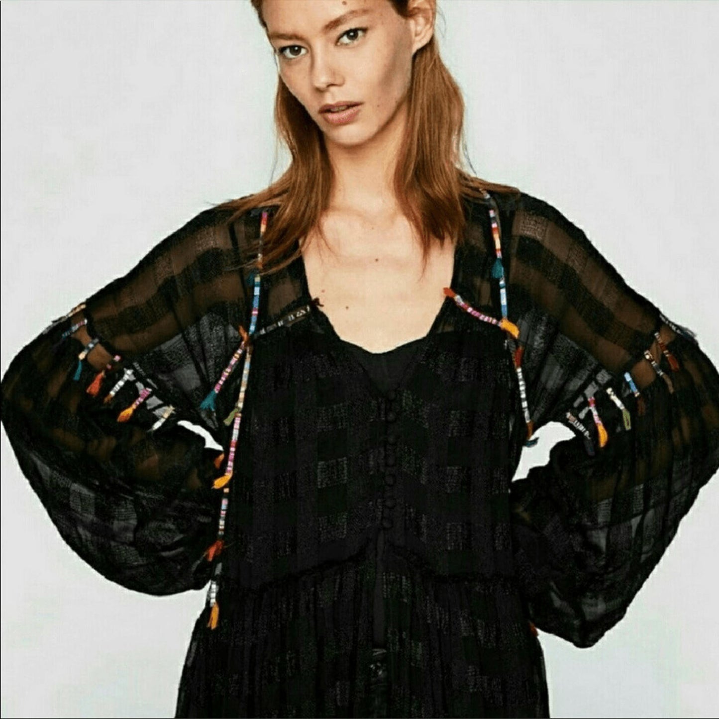 ZARA Jacket Coat Small Black Sheer Colourful Tassels Midi Length Long Sleeves