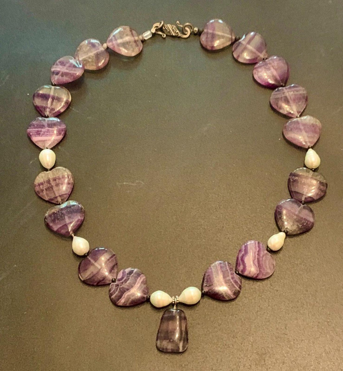 Necklace Fluorite Large Rainbow Heart & Pearl Boho 22 ins